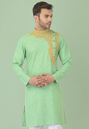 Embroidered Pure Cotton Kurta in Light Green