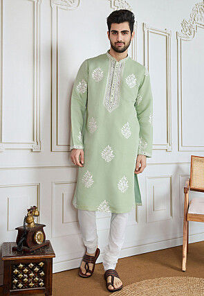 Embroidered Pure Cotton Kurta in Light Green