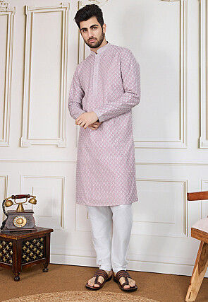 Embroidered Pure Cotton Kurta in Light Purple