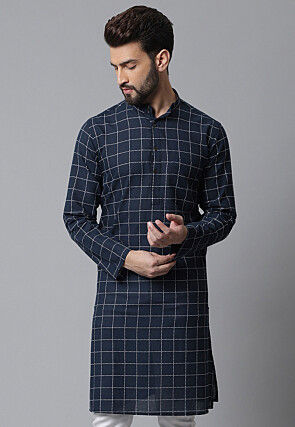 Buy Embroidered Pure Cotton Kurta in Navy Blue Online MAN152 Utsav Fashion
