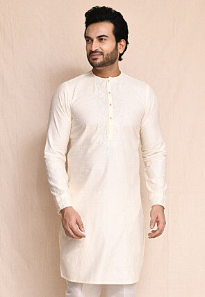 Embroidered Pure Cotton Kurta in Off White