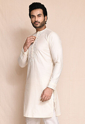 Embroidered Pure Cotton Kurta in Off White