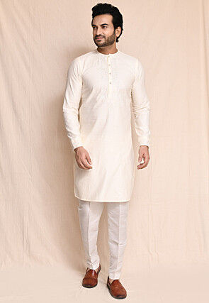 Embroidered Pure Cotton Kurta in Off White