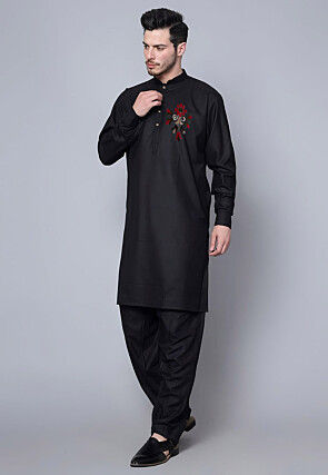 Embroidered Pure Cotton Kurta Set in Black