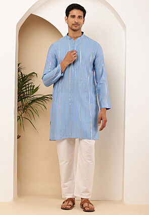Embroidered Pure Cotton Kurta Set in Blue