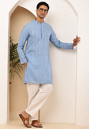 Embroidered Pure Cotton Kurta Set in Blue