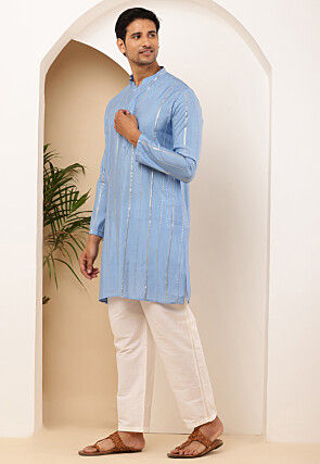 Embroidered Pure Cotton Kurta Set in Blue