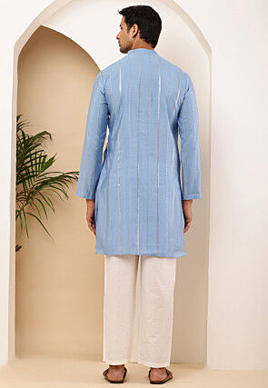 Embroidered Pure Cotton Kurta Set in Blue