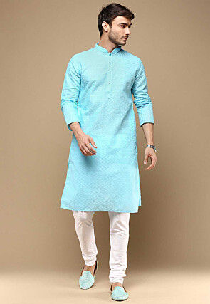 Embroidered Pure Cotton Kurta Set in Blue