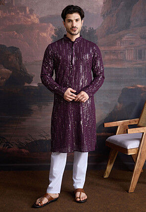 Embroidered Pure Cotton Kurta Set in Dark Purple