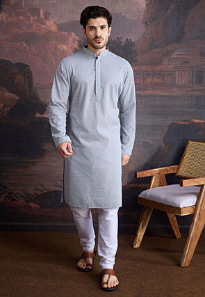 Embroidered Pure Cotton Kurta Set in Grey
