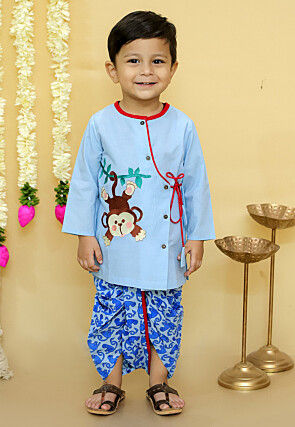 Embroidered Pure Cotton Kurta Set in Light Blue
