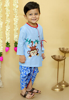 Embroidered Pure Cotton Kurta Set in Light Blue