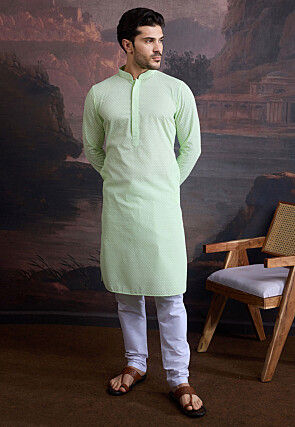 Embroidered Pure Cotton Kurta Set in Light Green