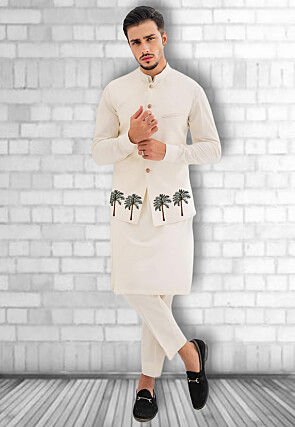 Embroidered Pure Cotton Kurta Set in Off White