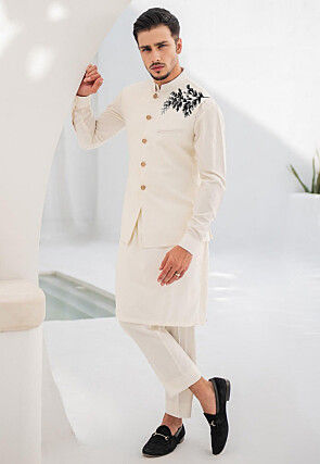 Embroidered Pure Cotton Kurta Set in Off White