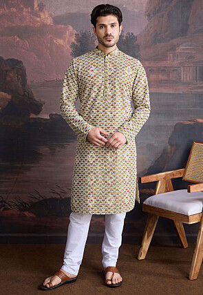 Embroidered Pure Cotton Kurta Set in Olive Green