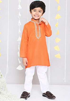 Embroidered Pure Cotton Kurta Set in Orange