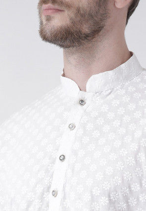 Embroidered Pure Cotton Kurta Set in White