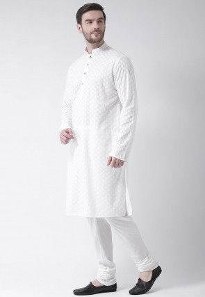 Embroidered Pure Cotton Kurta Set in White