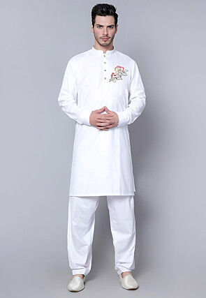 Embroidered Pure Cotton Kurta Set in White