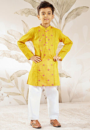 Embroidered Pure Cotton Kurta Set in Yellow