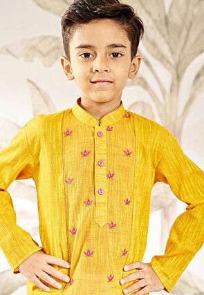 Embroidered Pure Cotton Kurta Set in Yellow