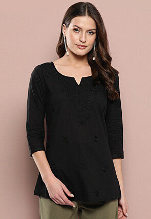 Embroidered Pure Cotton Kurti in Black