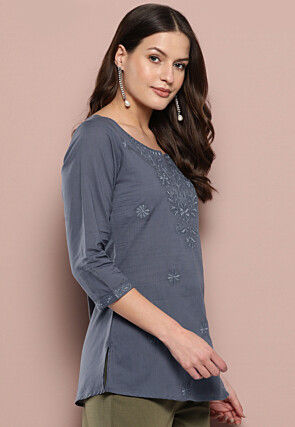 Embroidered Pure Cotton Kurti in Grey