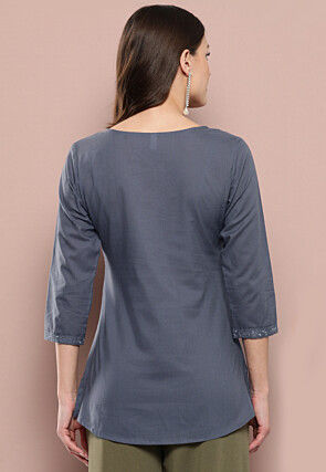 Embroidered Pure Cotton Kurti in Grey