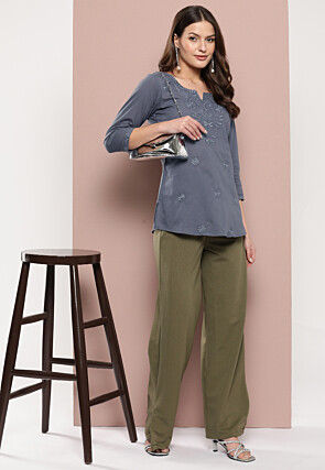 Embroidered Pure Cotton Kurti in Grey