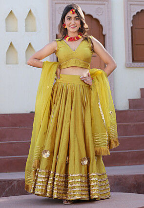 Embroidered Pure Cotton Lehenga in Light Olive Green