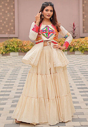 Embroidered Pure Cotton Lehenga in Off White