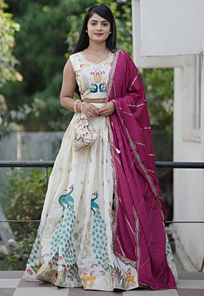 Embroidered Pure Cotton Lehenga in Off White