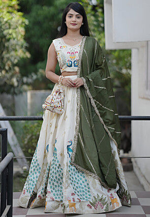 Embroidered Pure Cotton Lehenga in Off White