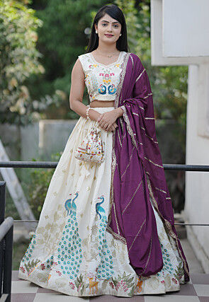 Embroidered Pure Cotton Lehenga in Off White