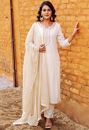 Embroidered Pure Cotton Lurex Pakistani Suit in Off White
