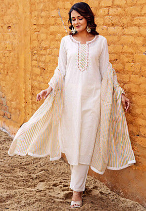 Embroidered Pure Cotton Lurex Pakistani Suit in Off White
