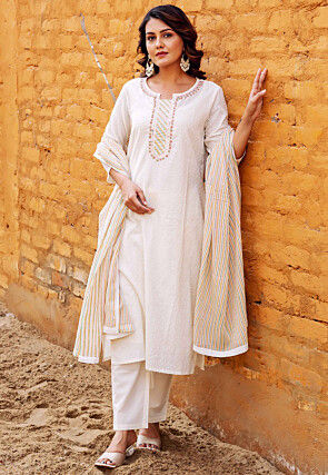 Embroidered Pure Cotton Lurex Pakistani Suit in Off White