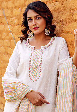 Embroidered Pure Cotton Lurex Pakistani Suit in Off White