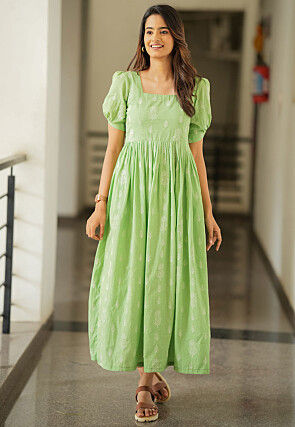 Embroidered Pure Cotton Maxi Dress in Light Green