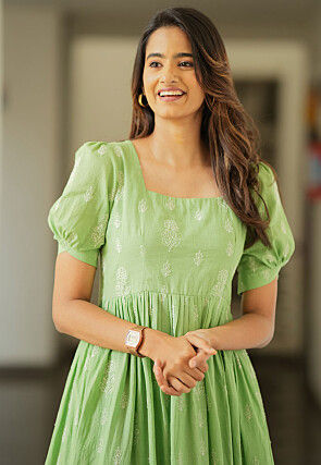 Embroidered Pure Cotton Maxi Dress in Light Green