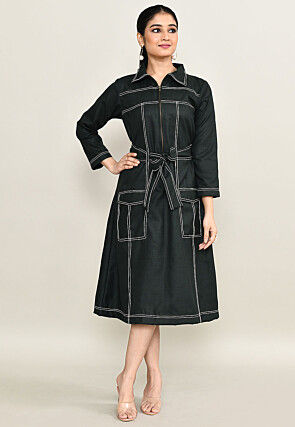 Embroidered Pure Cotton Midi Dress in Black