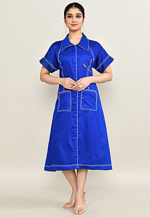 Embroidered Pure Cotton Midi Dress in Royal Blue