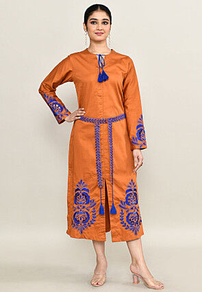 Embroidered Pure Cotton Midi Dress in Rust