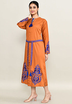Embroidered Pure Cotton Midi Dress in Rust