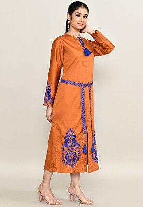 Embroidered Pure Cotton Midi Dress in Rust