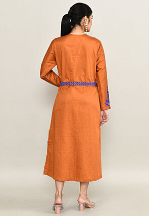 Embroidered Pure Cotton Midi Dress in Rust