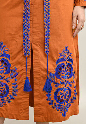 Embroidered Pure Cotton Midi Dress in Rust