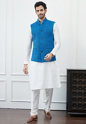 Embroidered Pure Cotton Nehru Jacket in Blue